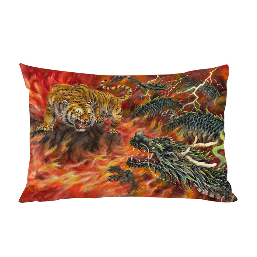 Cool Fantasy Art Dragon vs Tiger in Fire Pillowcases