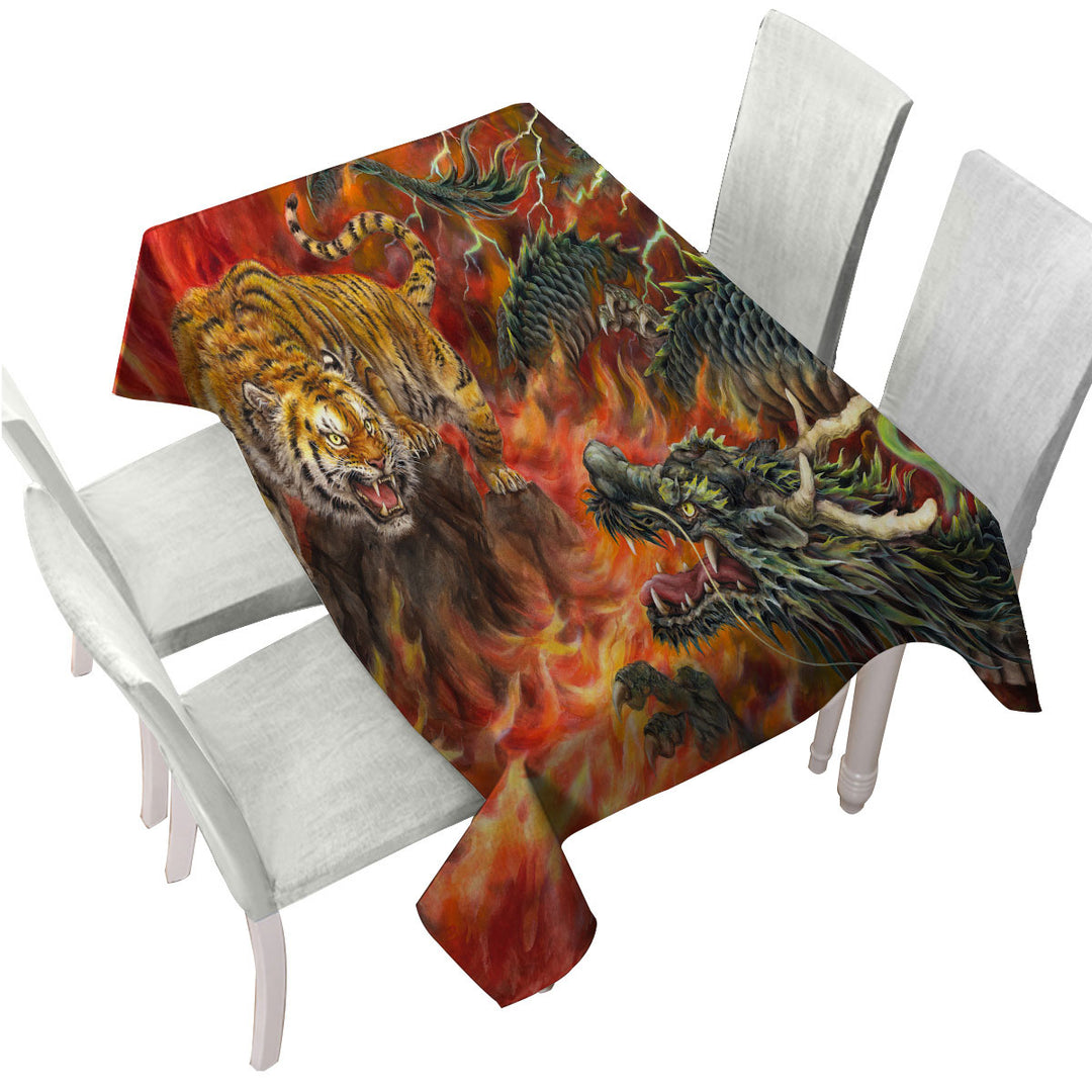 Cool Fantasy Art Dragon vs Tiger in Fire Table Cover