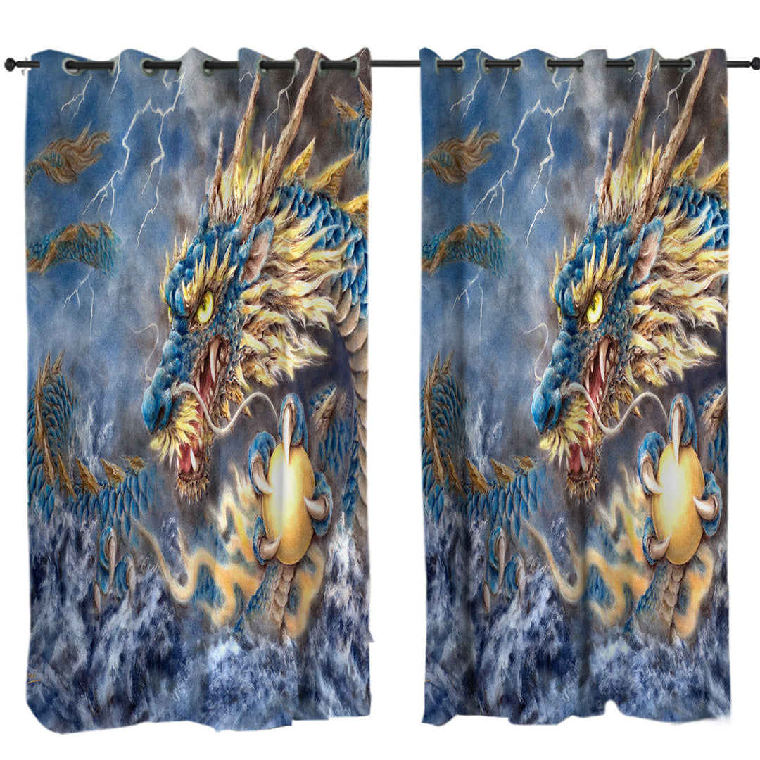 Cool Fantasy Art Ocean Storm Blue Dragon Curtain