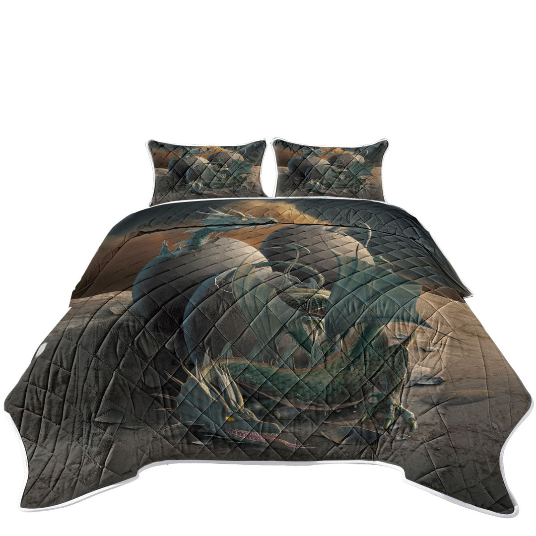 Cool Fantasy Art Offspring Hatching Dragons King Size Quilt Sets