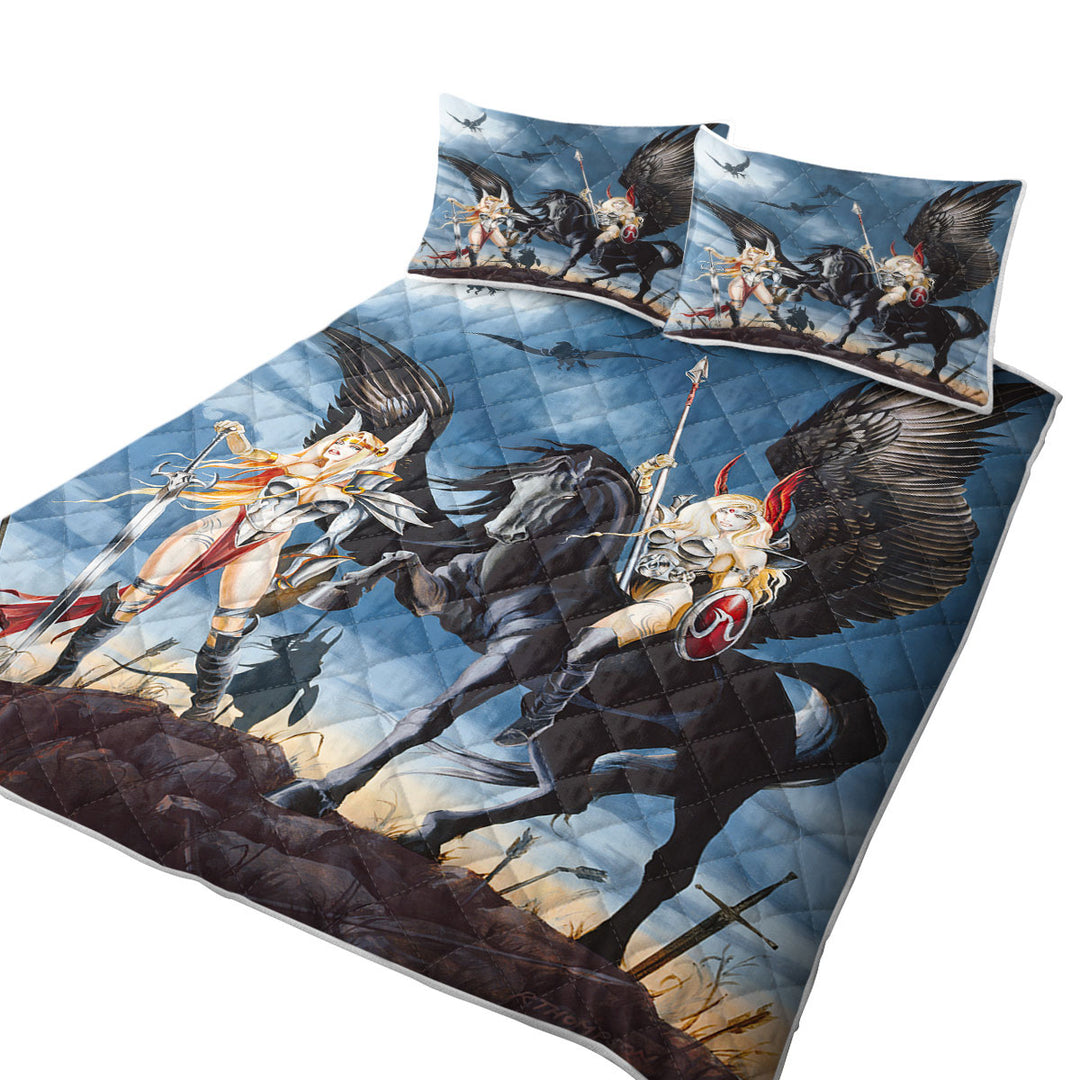 Cool Fantasy Art Pegasus Women Warriors King Size Quilt Sets