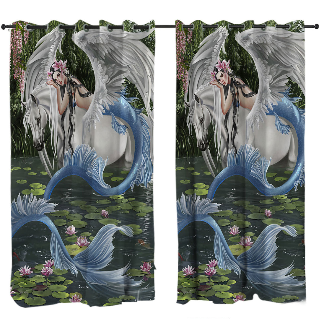 Cool Fantasy Art Pegasus and Water Lilies Pond Mermaid Curtains