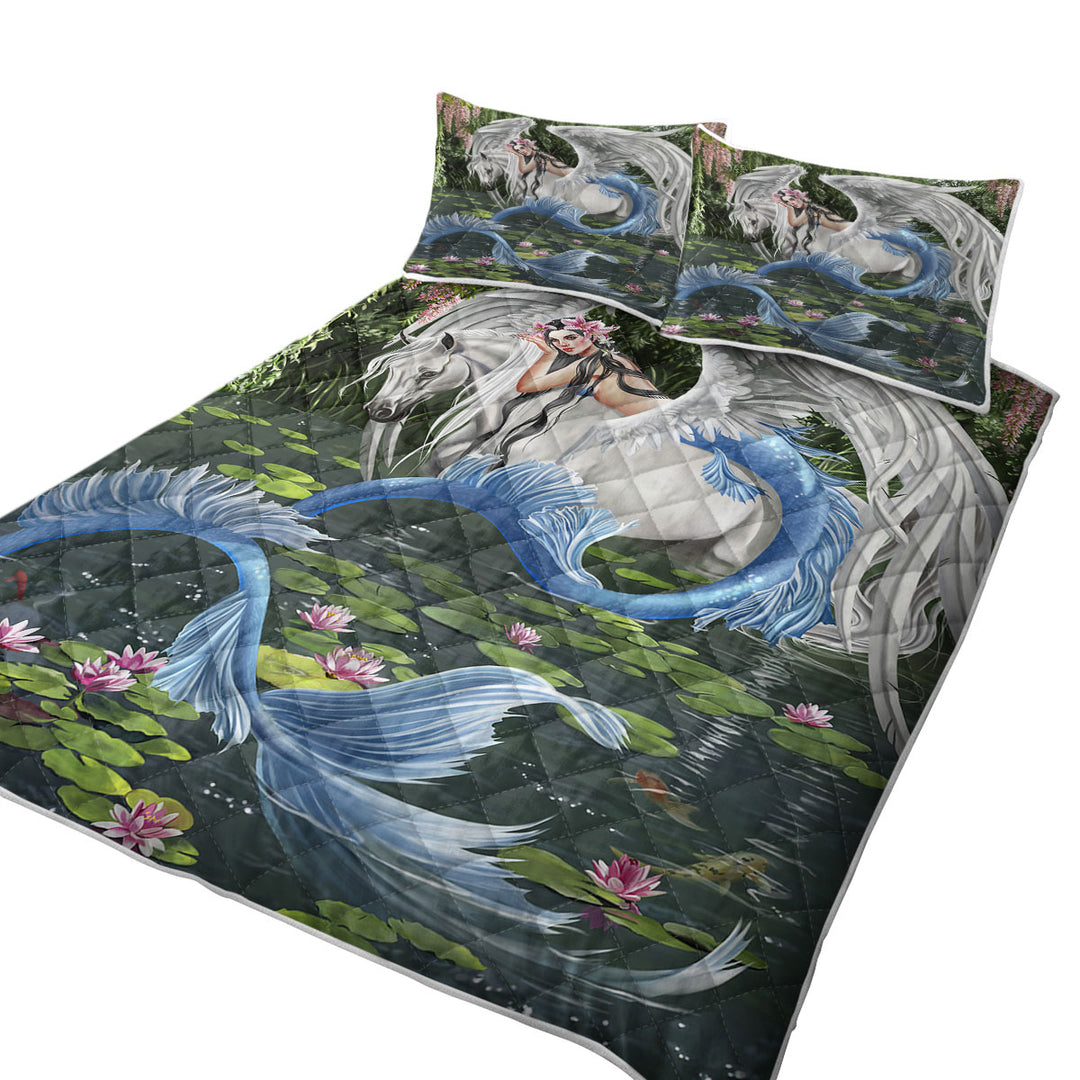 Cool Fantasy Art Pegasus and Water Lilies Pond Mermaid Quilt