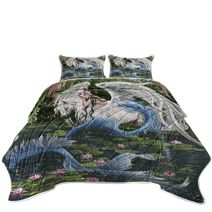 Cool Fantasy Art Pegasus and Water Lilies Pond Mermaid Quilts