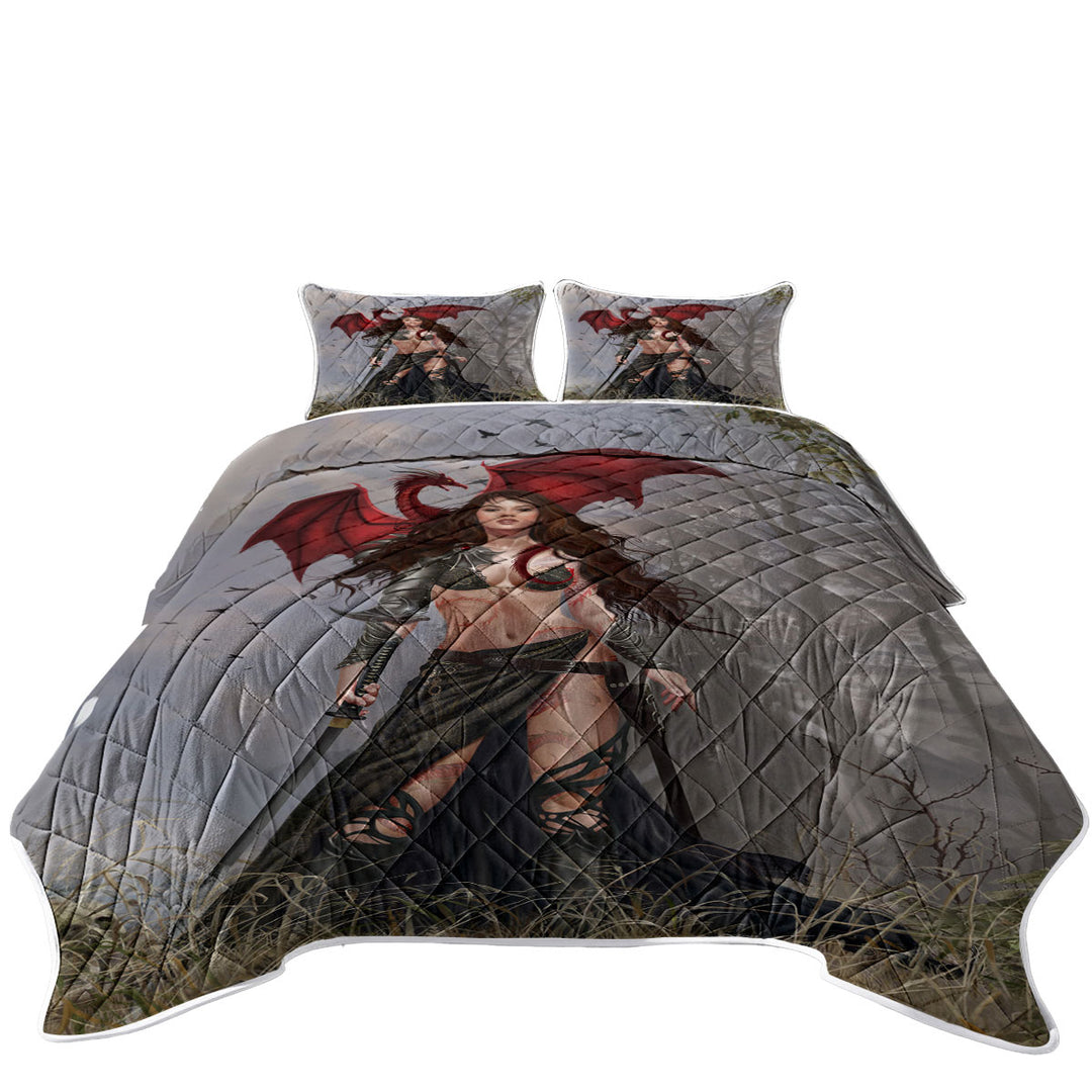 Cool Fantasy Art Sexy Dragon Warrior Woman Quilt