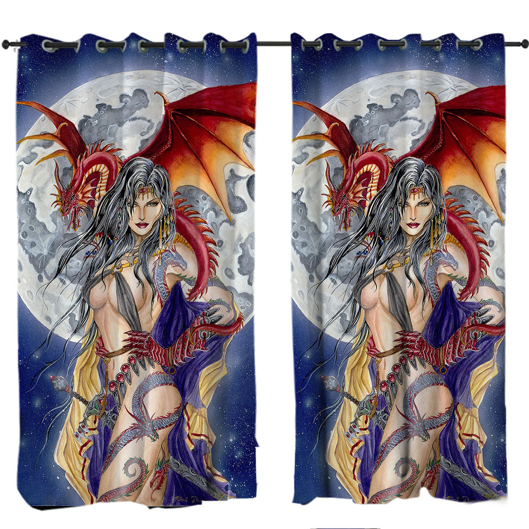 Cool Fantasy Art Sexy Warrior Lady and Her Moon Dragon Curtain