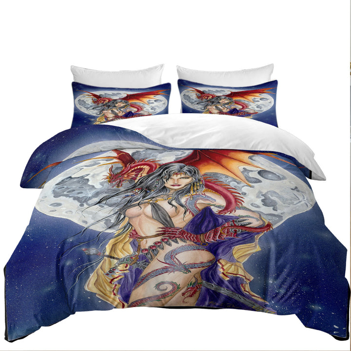 Cool Fantasy Art Sexy Warrior Lady and Her Moon Dragon Oversized King Duvet Cover