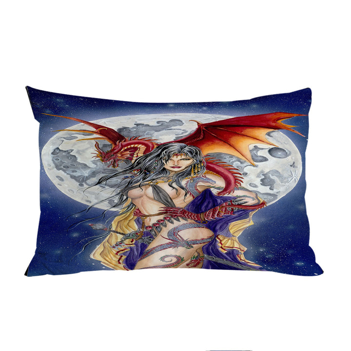 Cool Fantasy Art Sexy Warrior Lady and Her Moon Dragon Pillowcase