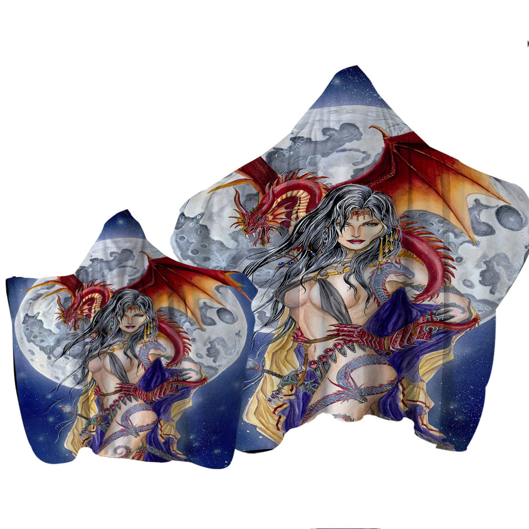 Cool Fantasy Art Sexy Warrior Lady and Her Moon Dragon Towel Hoodie