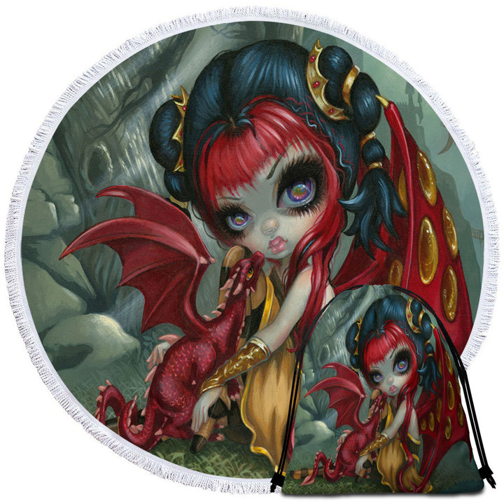 Cool Fantasy Dragon Fairy and Amber Dragonling Round Beach Towel