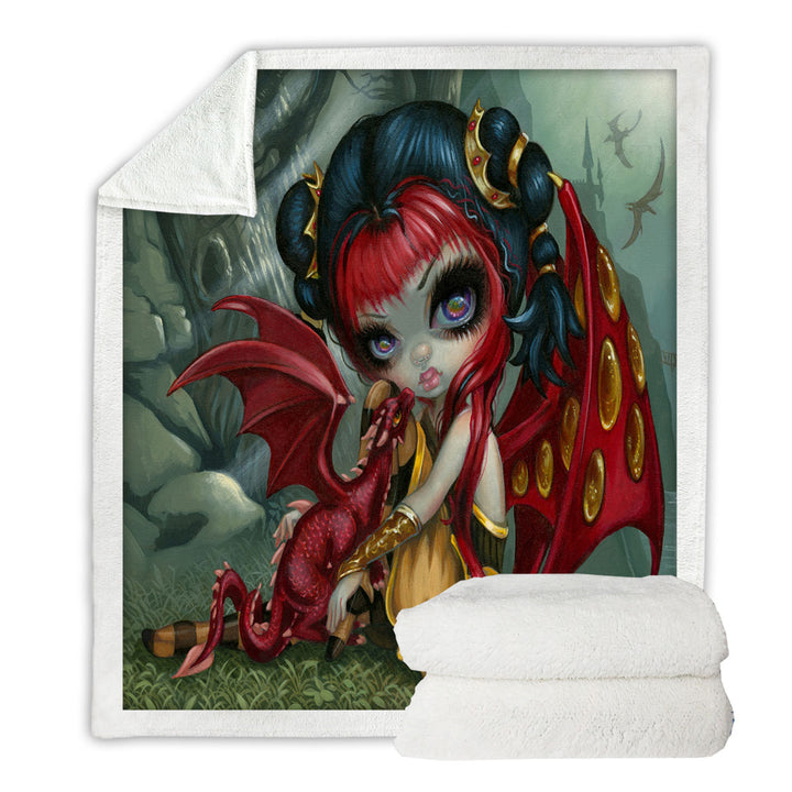 Cool Fantasy Dragon Fairy and Amber Dragonling Sherpa Blanket