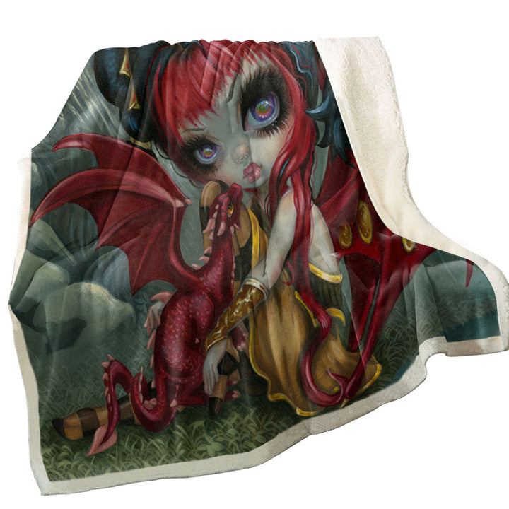 Cool Fantasy Dragon Fairy and Amber Dragonling Throw Blanket