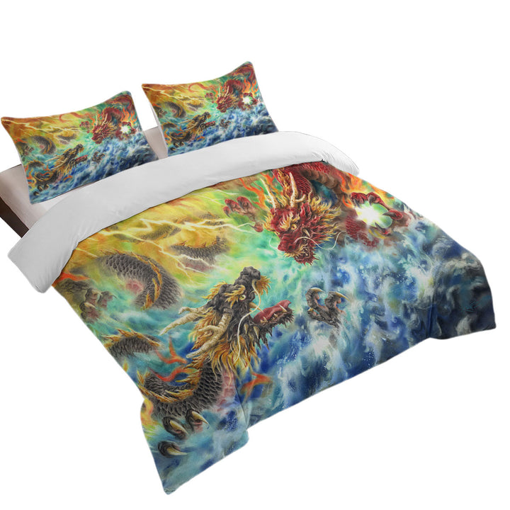 Cool Fantasy Fire vs Water Encountering Dragons Duvet Cover set