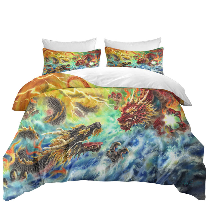 Cool Fantasy Fire vs Water Encountering Dragons Duvet Covers