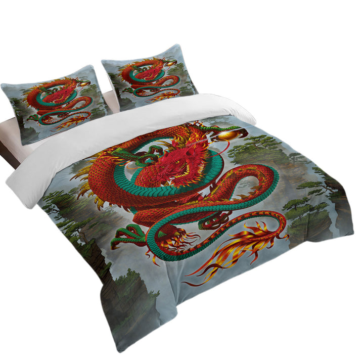 Cool Fantasy Good Fortune Red Chinese Dragon Duvet Cover