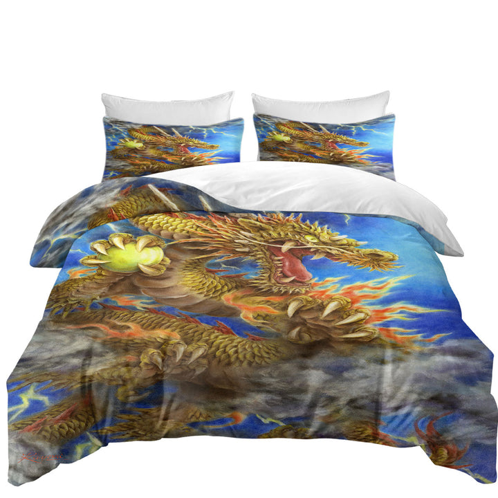 Cool Fantasy Lightning Storm and Golden Dragon Duvet Covers