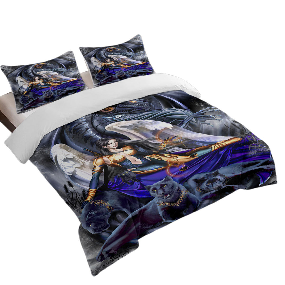 Cool Fantasy Warrior Angel Dragon and Panthers Duvet Cover