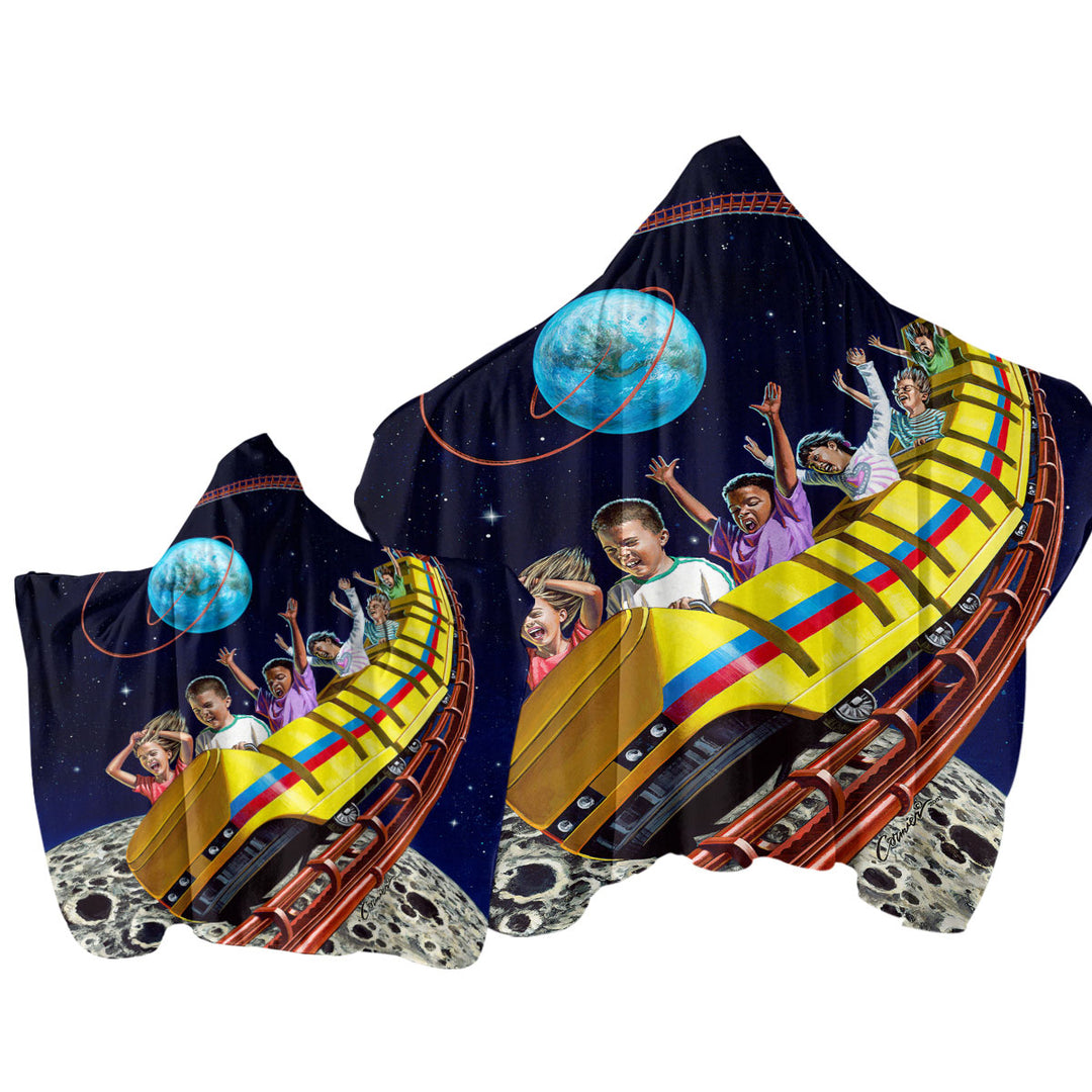 Cool Funny Kids Roller Coaster to the Moon Hooded Beach Towel