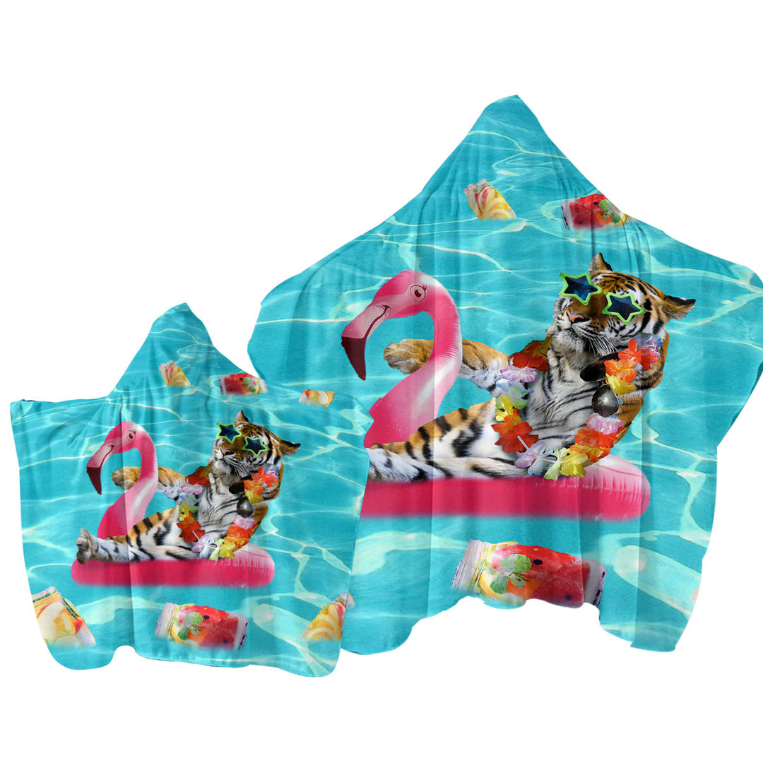 Cool Funny Vacation Tiger on Flamingo Floatie Towel Hoodie