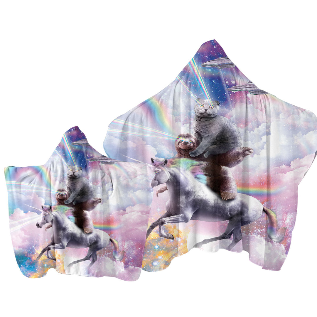 Cool Galaxy Cat on Sloth on Unicorn in Space Hooded Beach Towel