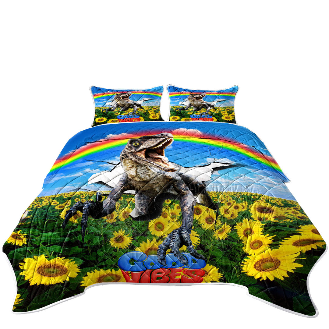 Cool Good Vibes Rainbow Sunflower Field and Raptor Dinosaur Coverlet