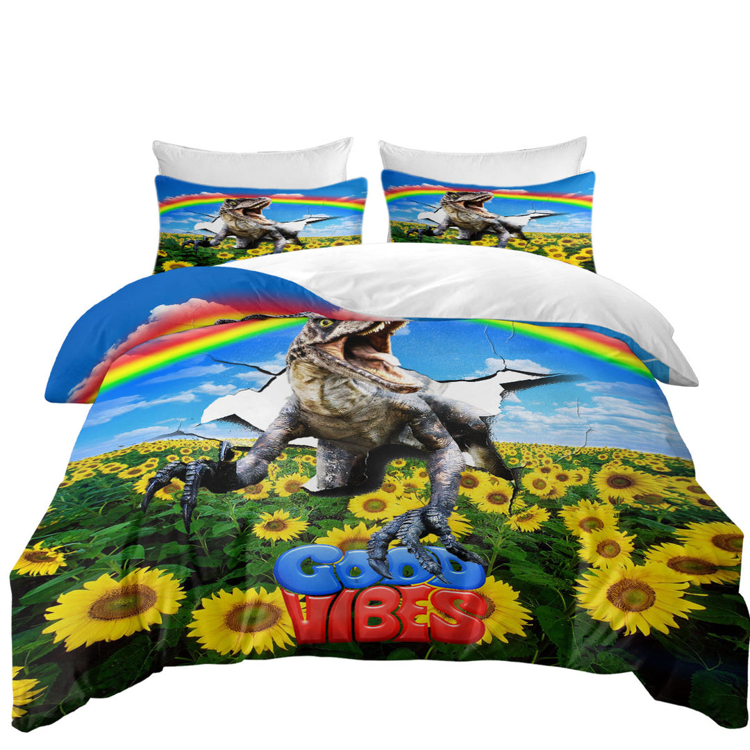 Cool Good Vibes Rainbow Sunflower Field and Raptor Dinosaur Duvet Cover