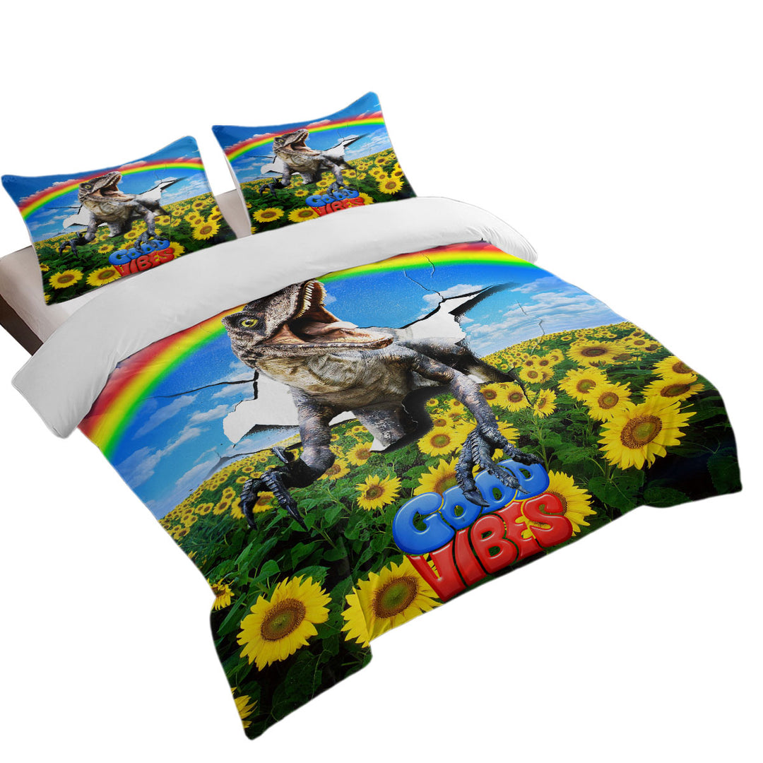 Cool Good Vibes Rainbow Sunflower Field and Raptor Dinosaur Duvet Covers