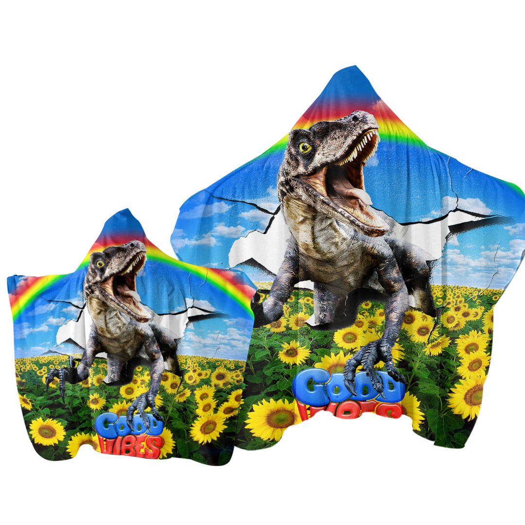 Cool Good Vibes Rainbow Sunflower Field and Raptor Dinosaur Hooded Beach Towel