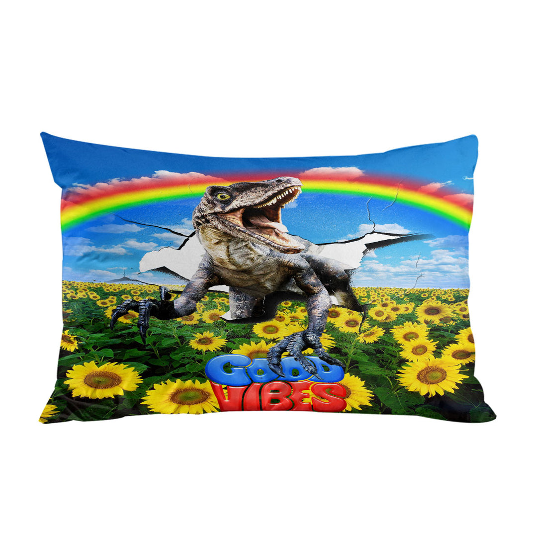 Cool Good Vibes Rainbow Sunflower Field and Raptor Dinosaur Pillowcases