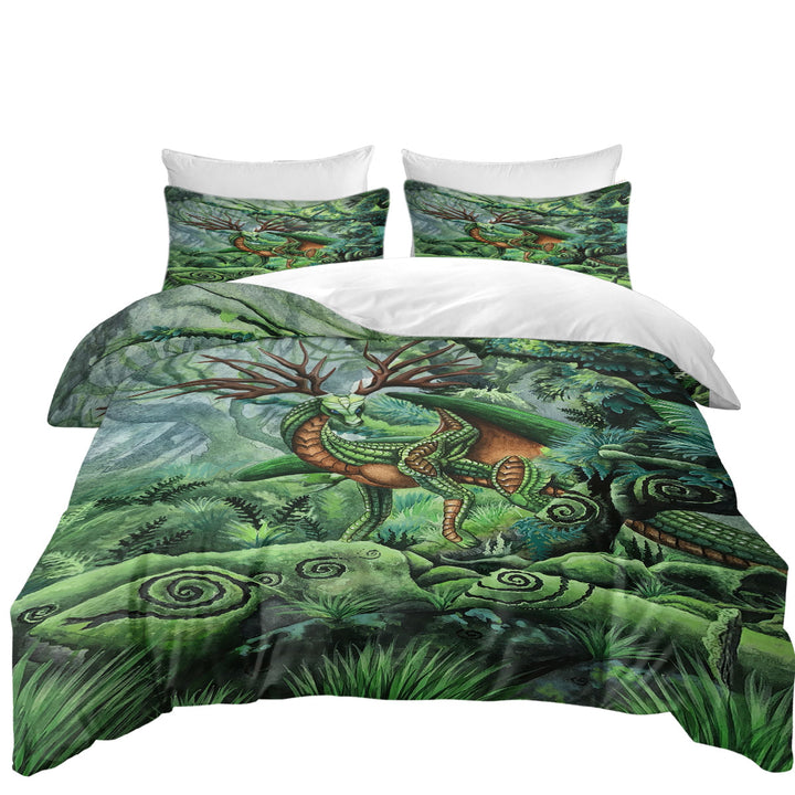 Cool Green Hidden Guardian Fantasy Forest Deer Dragon Oversized King Duvet Cover