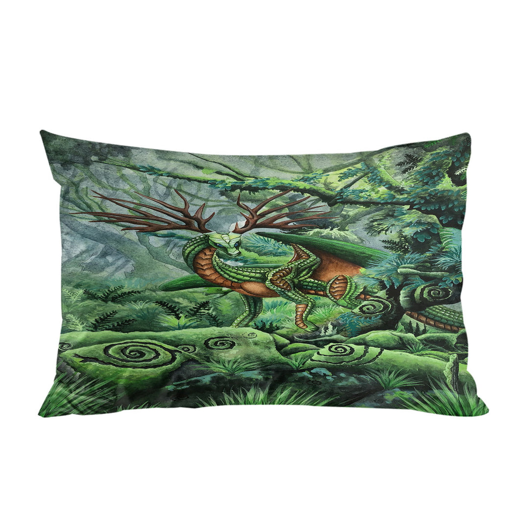 Cool Green Hidden Guardian Fantasy Forest Deer Dragon Pillow Cases