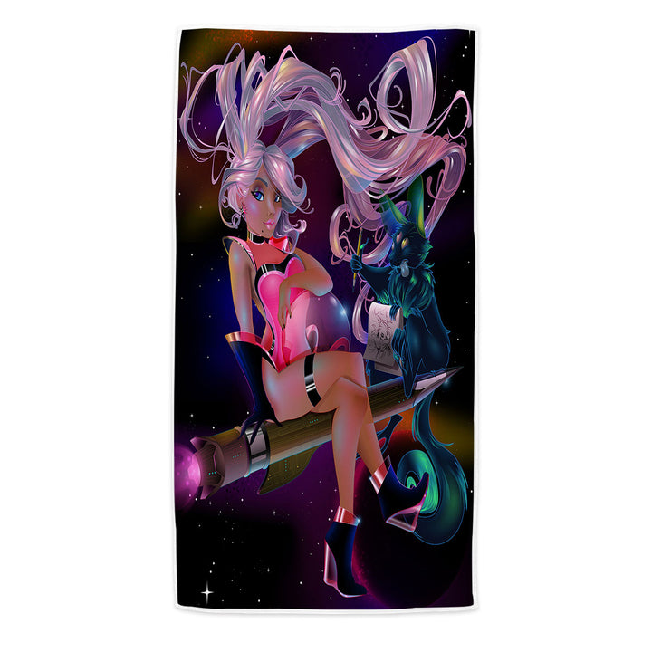 Cool Microfiber Beach Towel Galactic Girl with Alien Cat