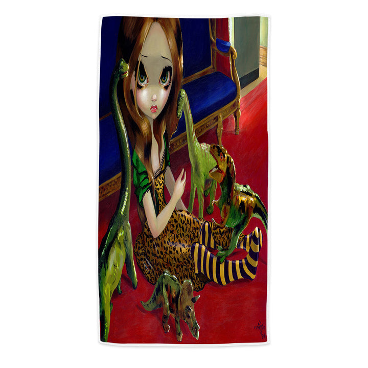 Cool Microfibre Beach Towels with Painting Cute Girl and Dinosaur Friends