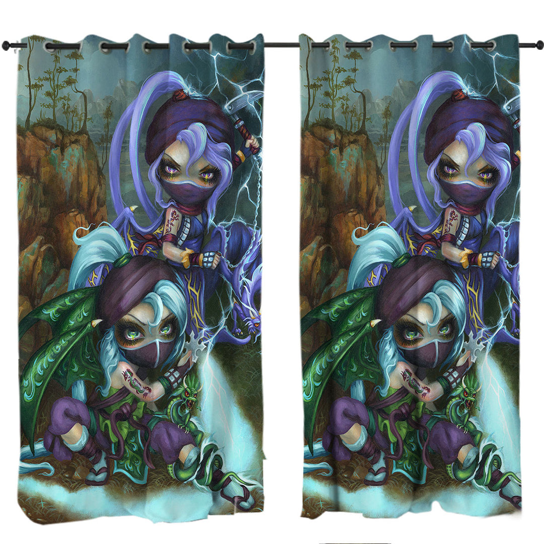 Cool Ninja Dragonlings Stormy Landscape Window Curtains