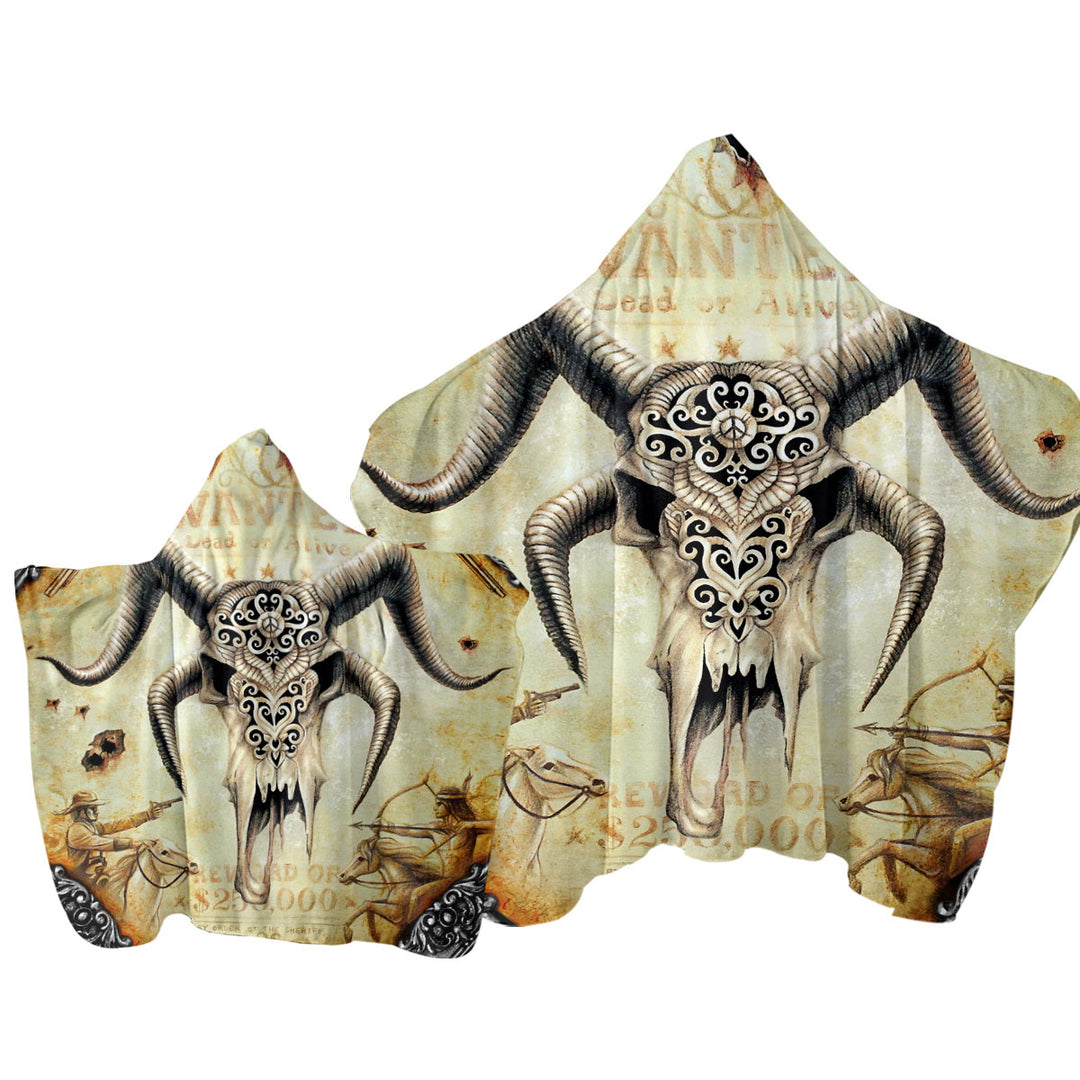 Cool Old Wild West Wanted Goat Skull Hooded Beach Towel