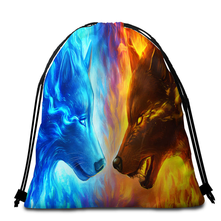 Cool Packable Beach Towel Animals Fire and Ice Wolves