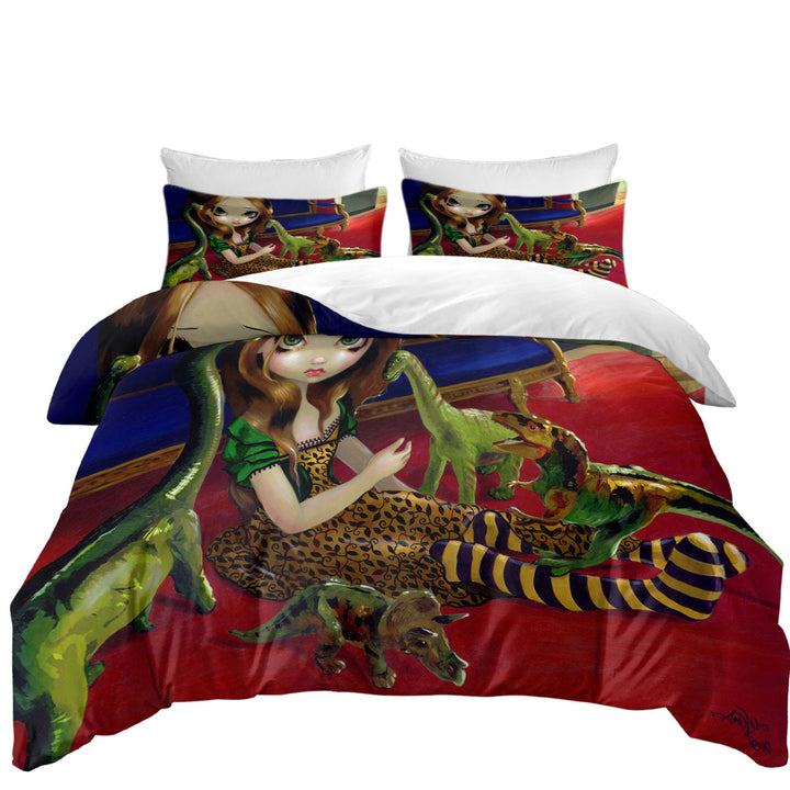 Cool Painting Cute Girl and Dinosaur Friends Duvet Cover set