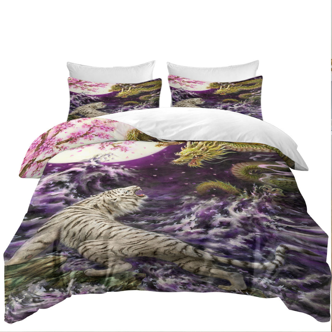 Cool Painting Moonlight Battle Tiger vs Dragon Duvet Cover