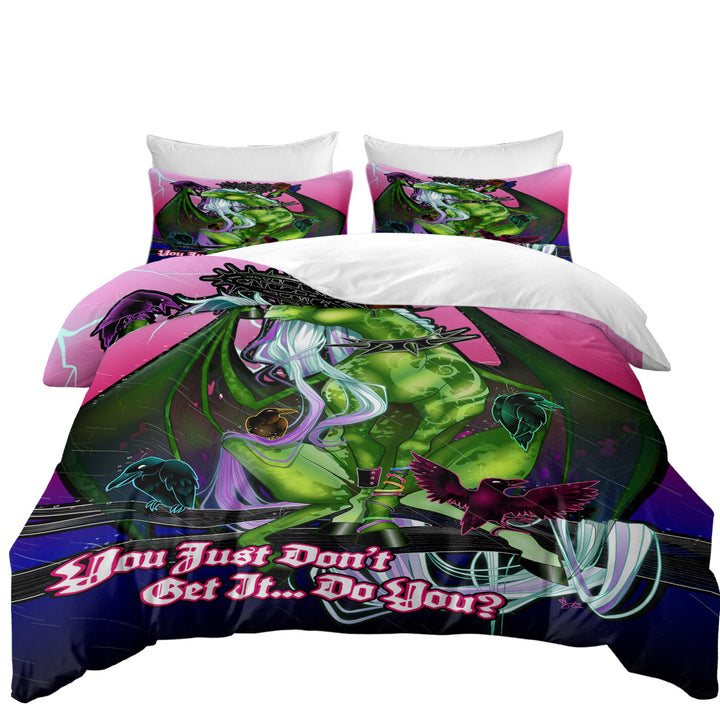 Cool Quote Fantasy Art Green Dragon and Crows Duvet Cover Queen