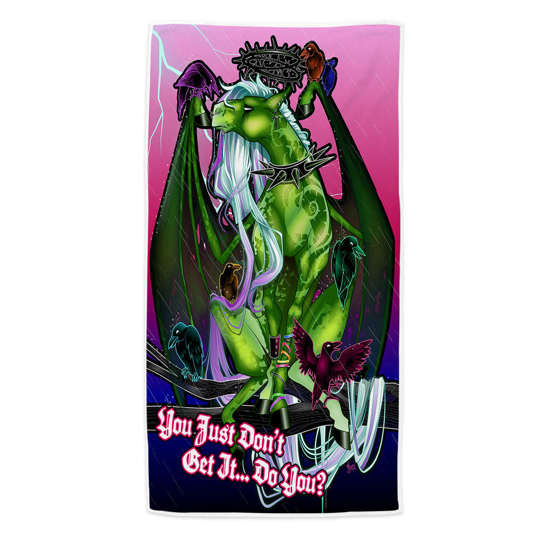 Cool Quote Microfiber Beach Towel with Fantasy Art Green Dragon and Crows