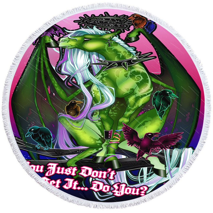 Cool Quote Round Towels with Fantasy Art Green Dragon and Crows