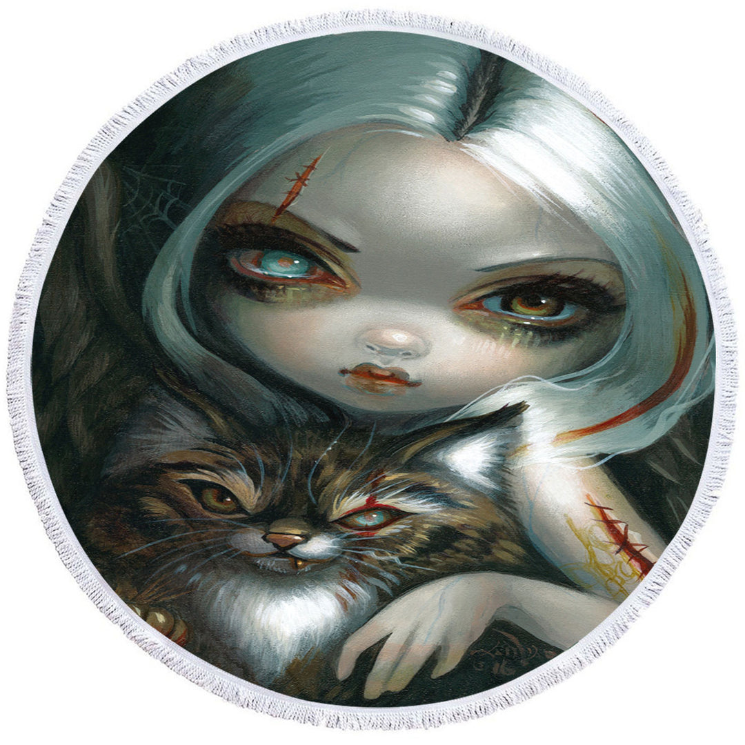 Cool Round Towel Scary Art Zombie Kitty and Pretty Zombie Girl