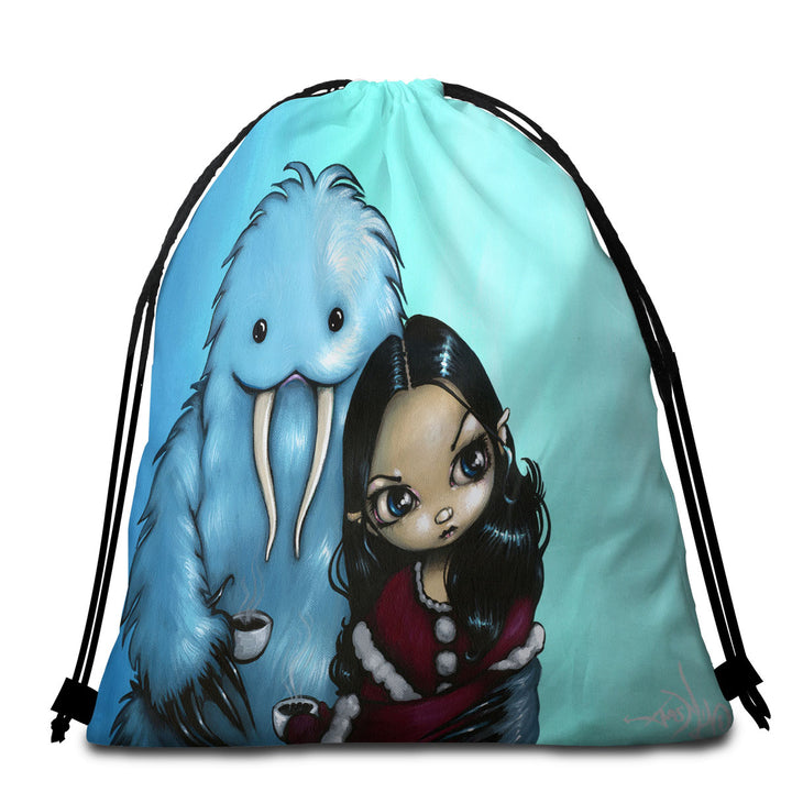 Cool Scary Kids Art Below Zero Girl and Yeti Beach Towels and Bags Set