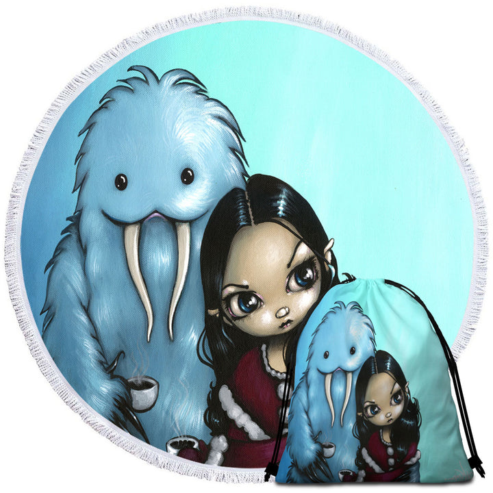 Cool Scary Kids Art Below Zero Girl and Yeti Circle Beach Towel