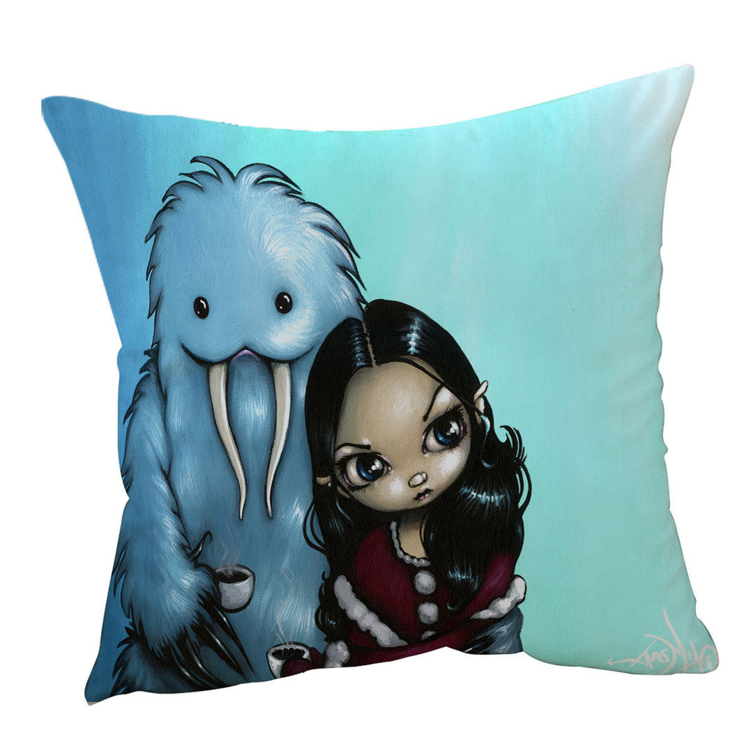 Cool Scary Kids Art Below Zero Girl and Yeti Cushion Cover