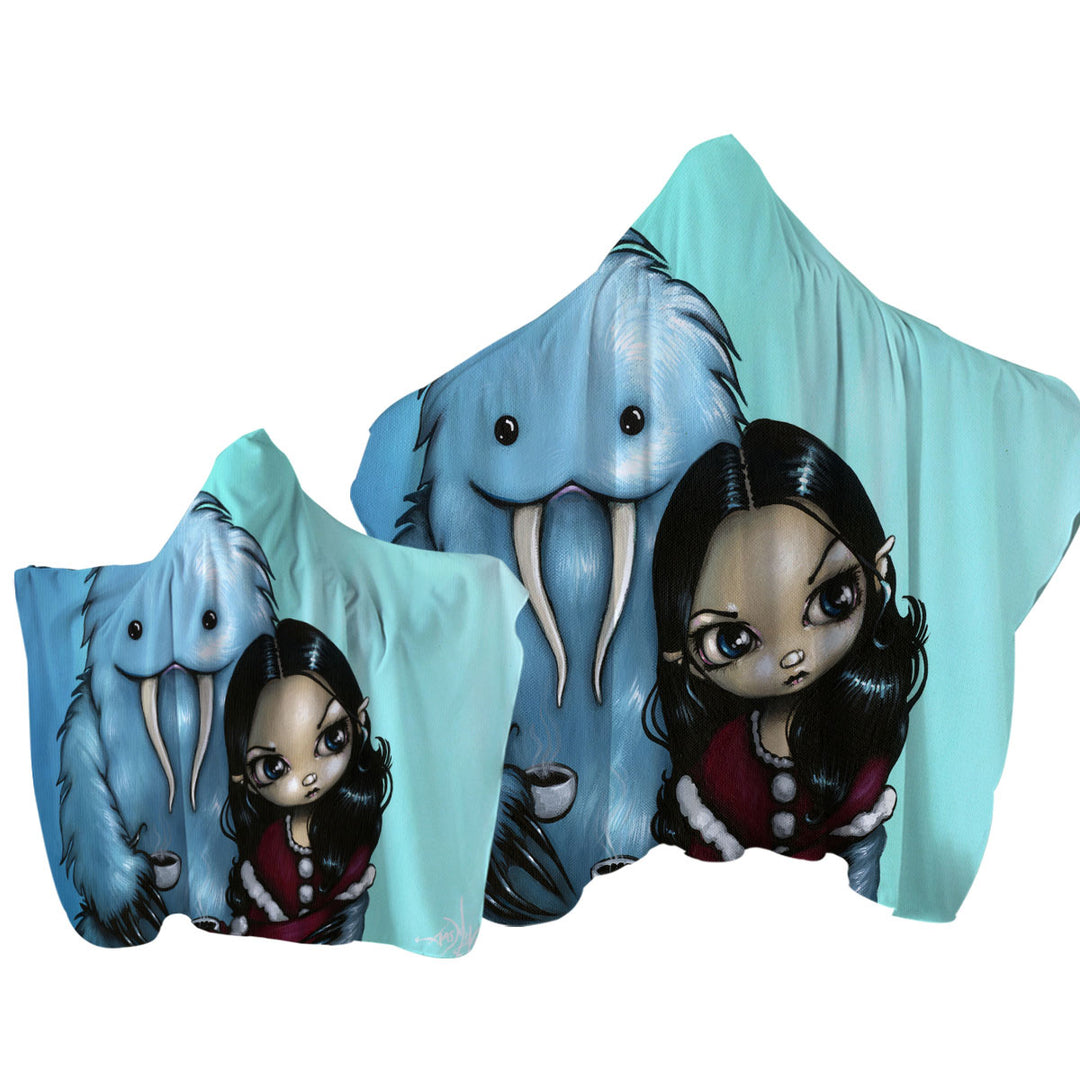 Cool Scary Kids Art Below Zero Girl and Yeti Hooded Beach Towel