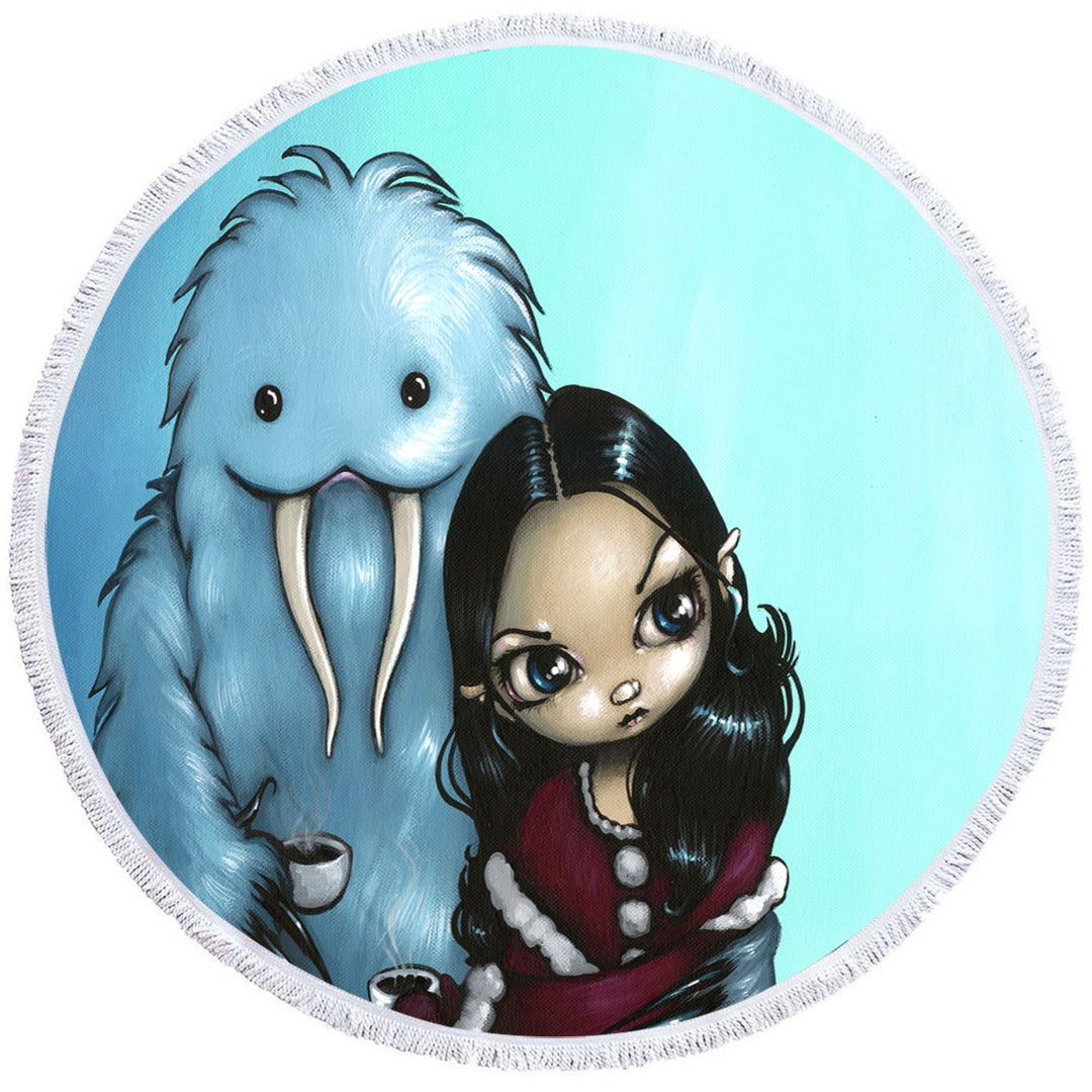 Cool Scary Kids Art Below Zero Girl and Yeti Round Beach Towel