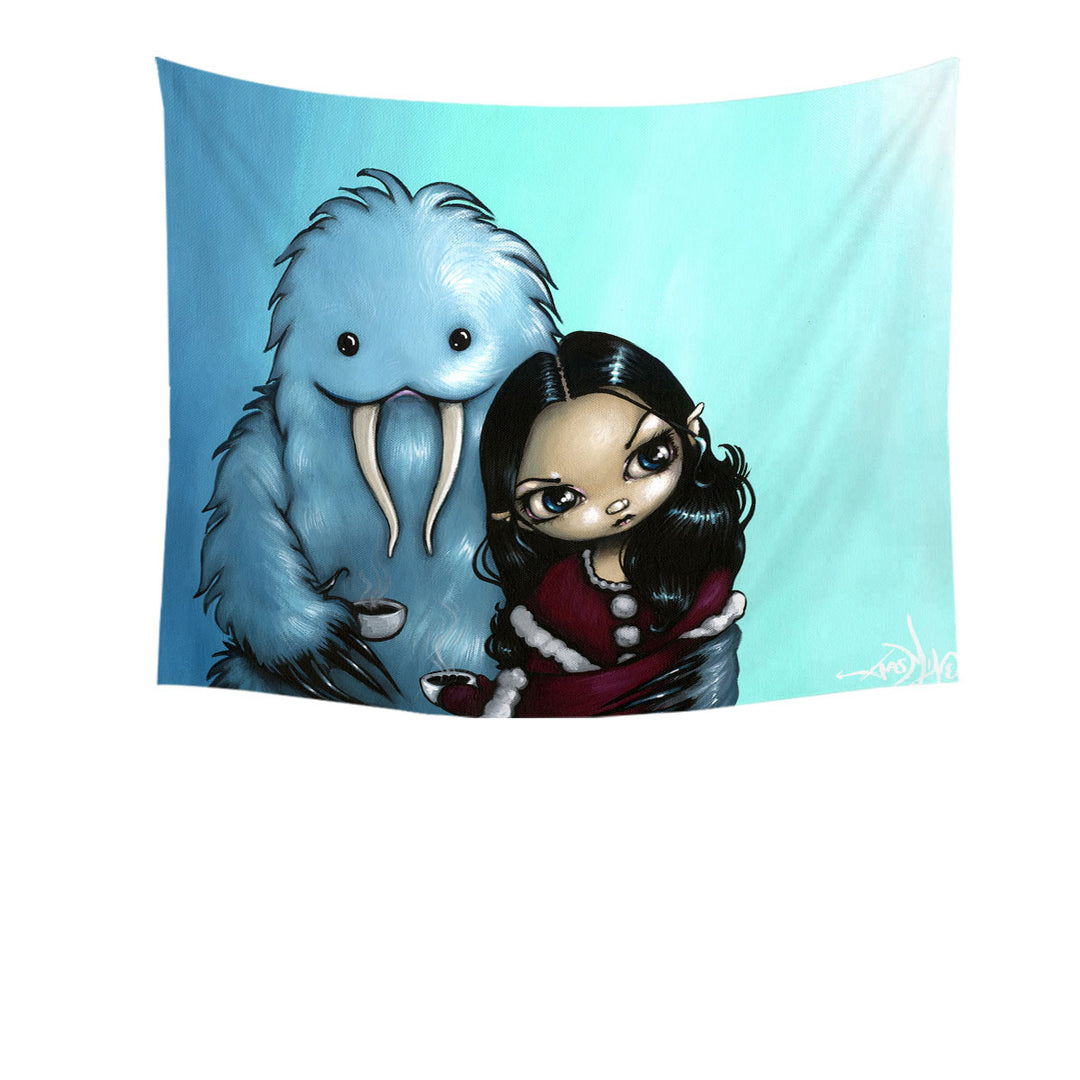 Cool Scary Kids Art Below Zero Girl and Yeti Tapestry Wall Decor