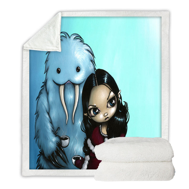 Cool Scary Kids Art Below Zero Girl and Yeti Throw Blanket