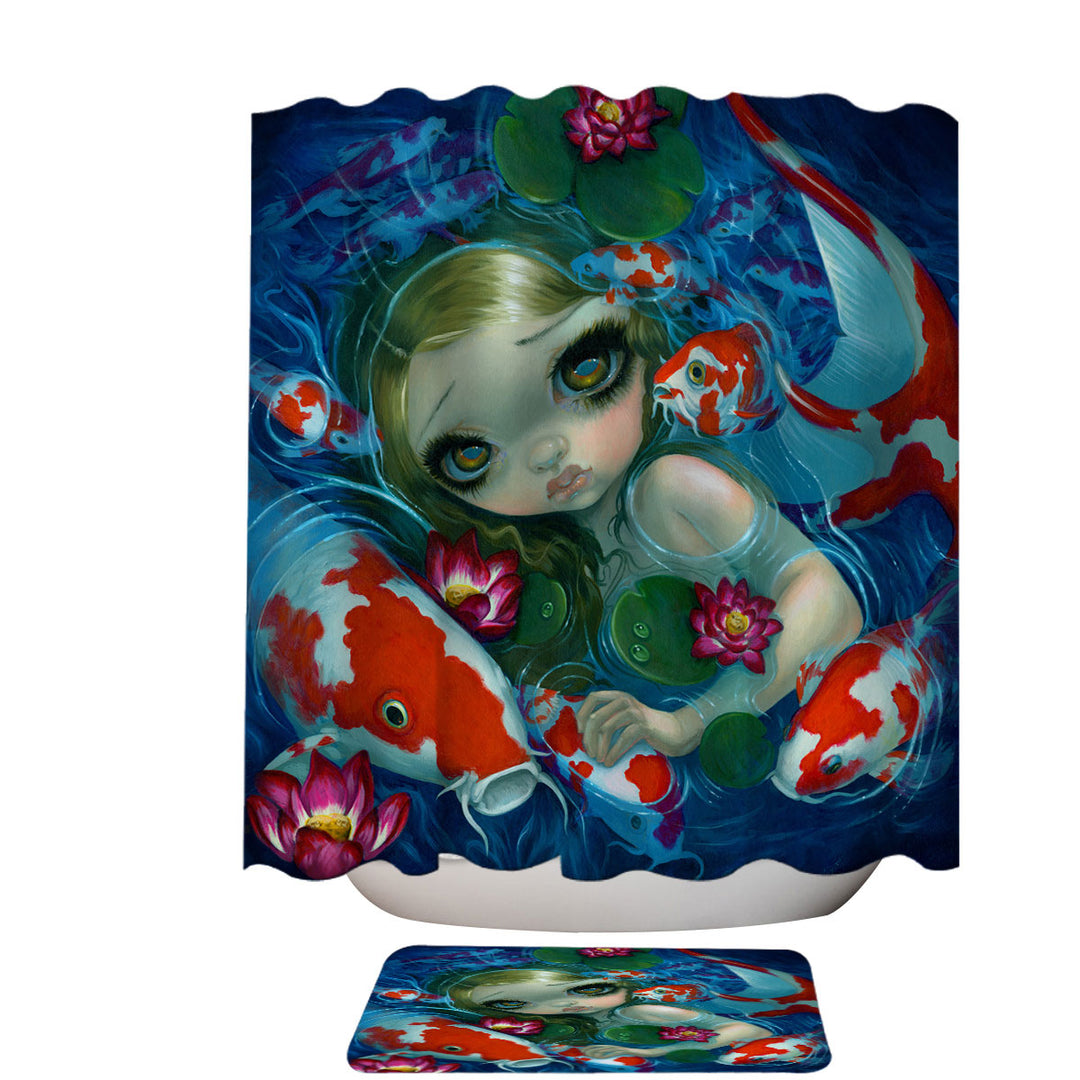 Cool Shower Curtains Fantasy Art Swimming with Koi Mermaid